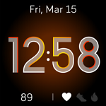 Clock face with the date, time, and current heart rate shown